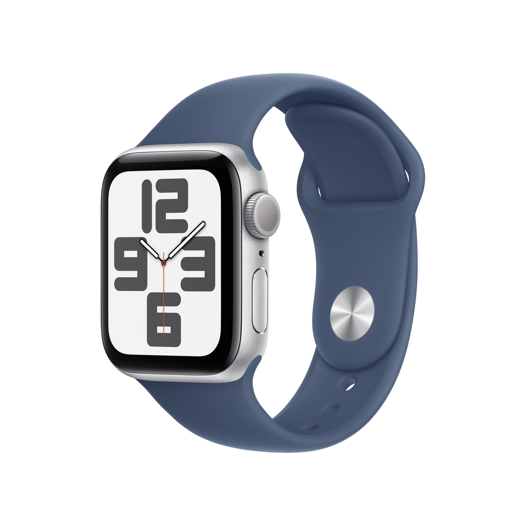Apple Watch SE (2024) GPS 44 mm Caja de aluminio Plata Vidrio delantero Ion-X Correa deportiva Azul denim Talla S/M