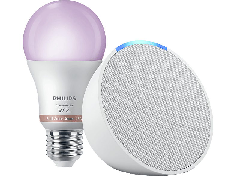 Pack de Echo Pop Altavoz inteligente con Alexa Blanco + Bombilla inteligente Philips Smart LED 8,5 W (Eq. 60 W) A60 E27 Luz Blanca y Colores