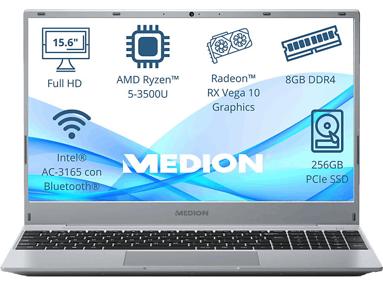 Medion Akoya MD62426 15.6  Full HD AMD Ryzen™ 5 3500U 8GB RAM 256GB SSD Radeon™ RX Vega 10 Sin sistema operativo