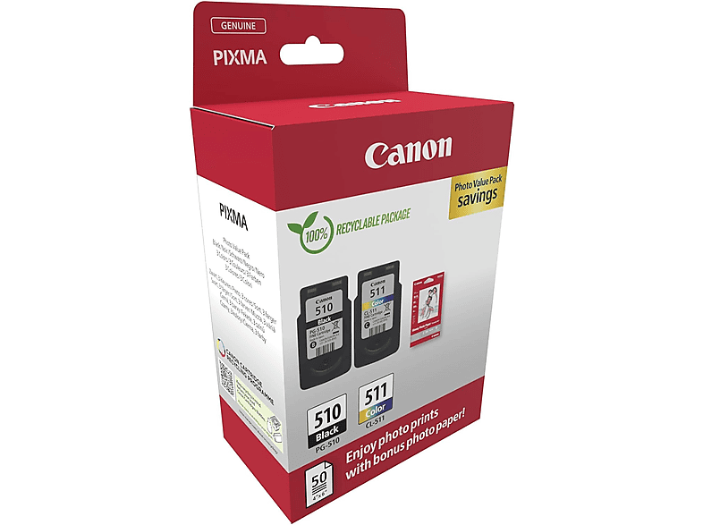 Canon PG-510/CL-511 2970B017AA 300 páginas Incluye 50 Hojas Papel Fotográfico Negro Color