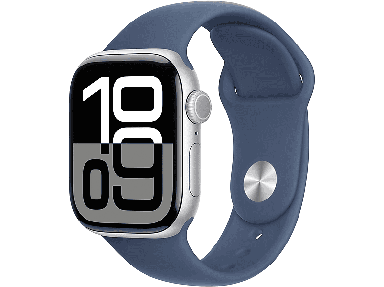Apple Watch Series 10 (2024) GPS 42 mm Gesto de doble toque Caja de aluminio plata Correa deportiva Azul denim Talla S/M