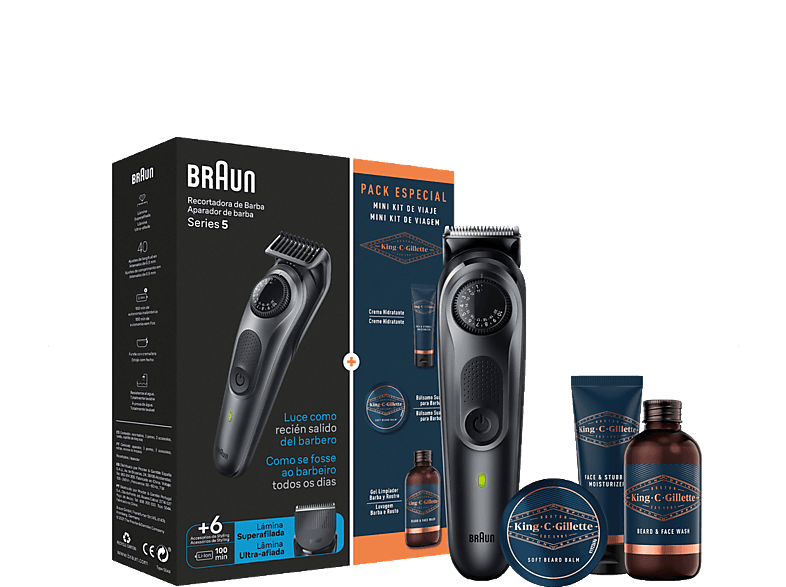 Braun Series 5 BT5450 + Pack King C.Gillette Autonomía 100 min 40 Ajustes de longitud 3 Peines