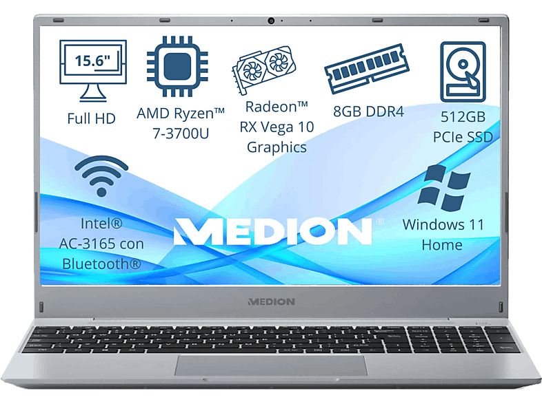 Medion Akoya MD62429 15.6 Full-HD AMD Ryzen™ 7 3700U 8GB RAM 512 GB SSD Radeon™ RX Vega 10 Windows 11 Home