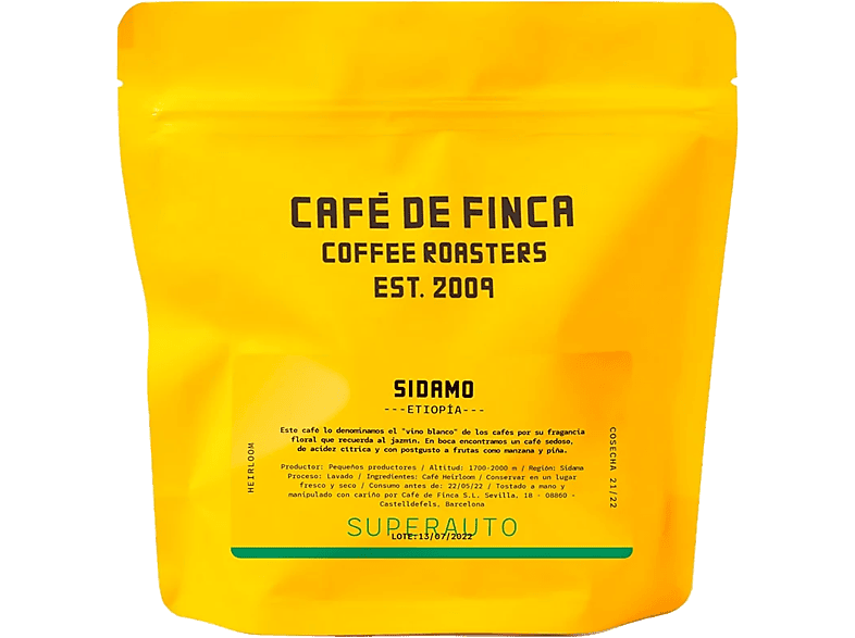 Café de Finca Etiopía Sidamo Heirloom Sabor a Manzana y Piña Apto para Cafeteras Superautomáticas 250 g