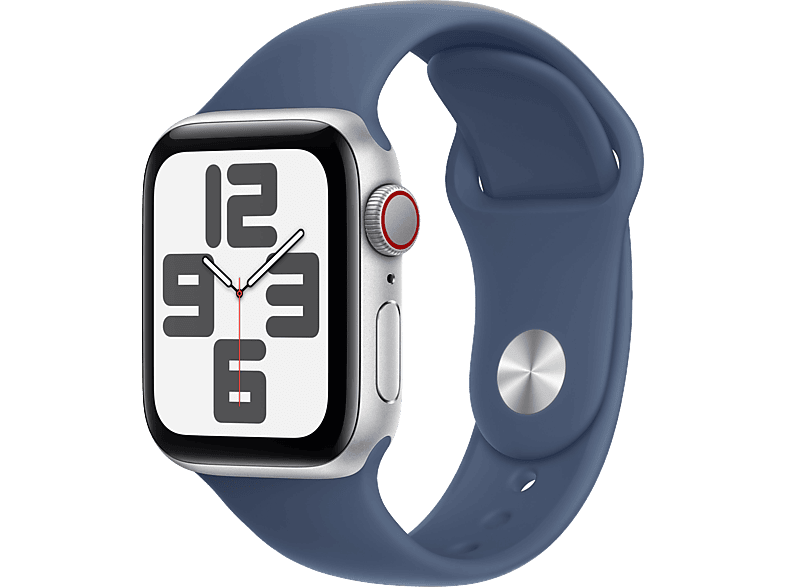 Apple Watch SE (2024) GPS + Cellular 44 mm Caja de aluminio Plata Vidrio delantero Ion-X Correa deportiva Azul denim Talla S/M