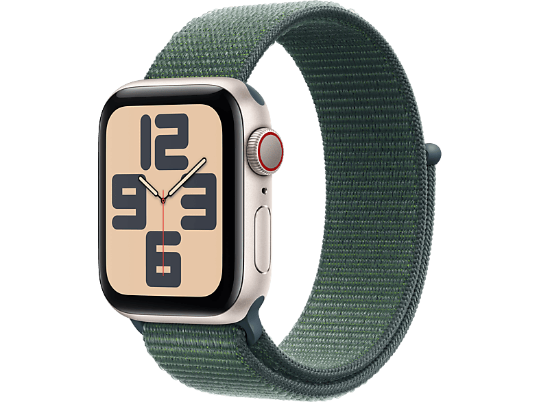 Apple Watch SE (2024) GPS + Cellular 44 mm Caja de aluminio Blanco estrella Vidrio delantero Ion-X Correa Loop deportiva Verde lago