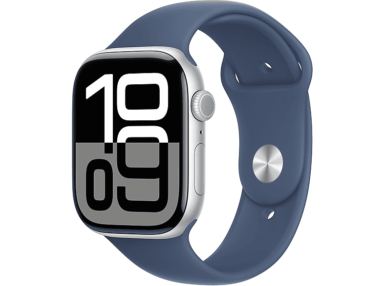Apple Watch Series 10 (2024) GPS 46 mm Gesto de doble toque Caja de aluminio plata Correa deportiva Azul denim Talla M/L
