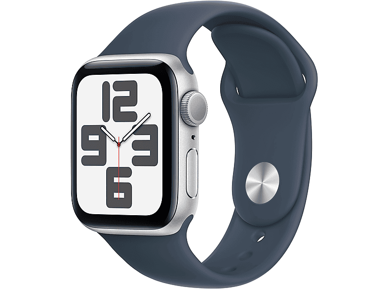 APPLE Watch SE (2023) GPS 40 mm Caja de aluminio plata Vidrio delantero Ion-X Talla S/M Correa deportiva azul tempestad