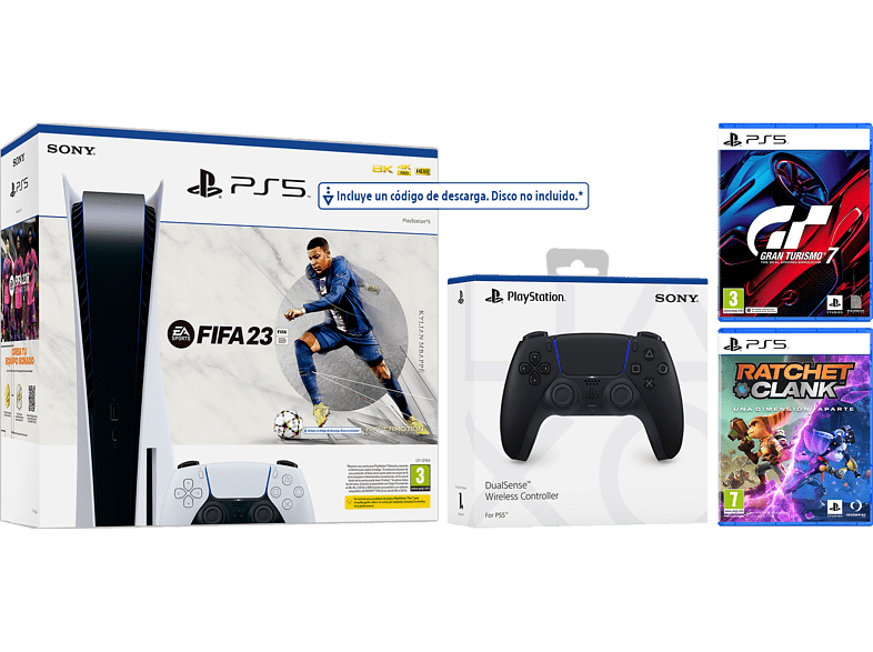 Sony PS5 Stand C 825 GB (2 Mandos DualSense™ incluidos Negro y Blanco) + FIFA 23 (código de descarga) + Gran Turismo 7 + Ratchet & Clank