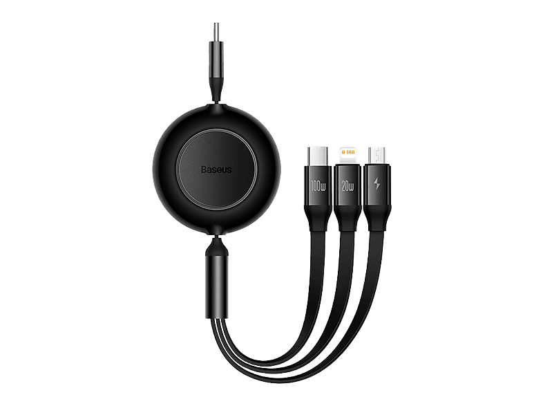 Baseus 3-en-1 Bright Mirror 100W Cable retráctil Carga rápida multidispositivo USB-C a USB-C-Lightning-Micro 110 cm Negro
