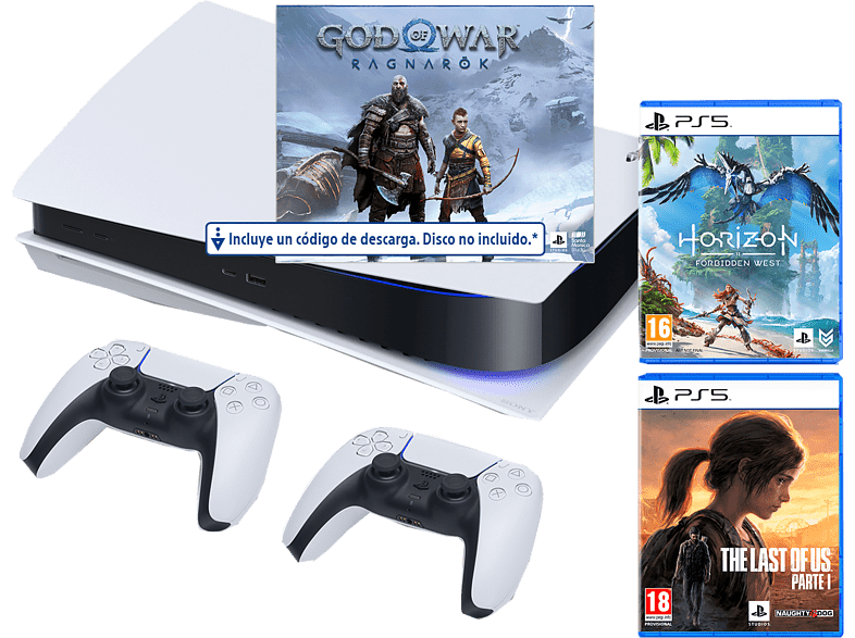 Sony PS5 Stand C 825 GB (2 Mandos DualSense incluidos) + God Of War: Ragnarok (descarga) + Horizon Forbidden West + The Last Of Us: Part I
