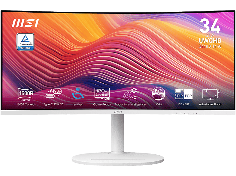 MSI Modern MD342CQPW 34 UWQHD 1 ms MPRT 4 ms GtG 120 Hz 1x USB-B 2x USB-A 2x HDMI 1x DisplayPort Blanco