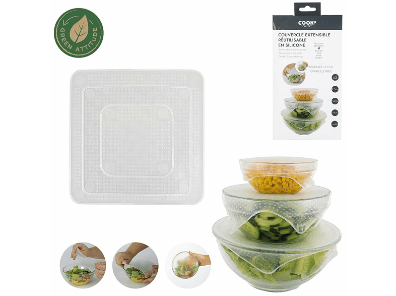 CMP Paris CMPKB6031 Set de 3 Tapas reutilizables Silicona 9.5cm 14cm y 19 cm Transparente