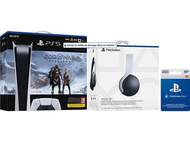 Sony PS5 Digital C 825GB 4K Blanco + Auriculares gaming Pulse 3D + Juego God Of War: Ragnarok (código descarga) + Tarjeta 50€ PS Store