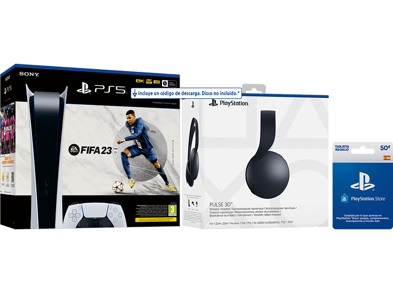 Sony PS5 Digital Edition C 825 GB + Auriculares Pulse 3D + FIFA 23 (código de descarga) + Tarjeta 50€ PS Store