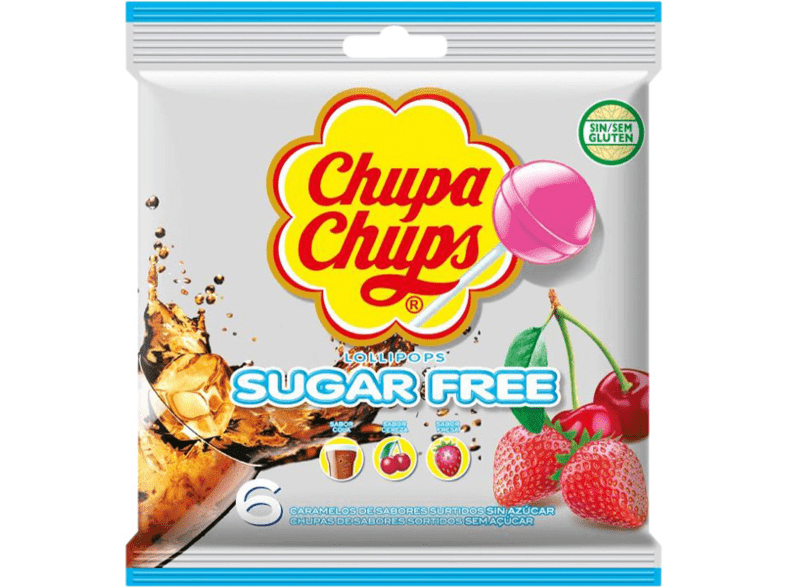 Chupa Chups Con Palo Sin Gluten Sin azúcar Sabor Cola Cereza y Fresa 6 unidades 66g