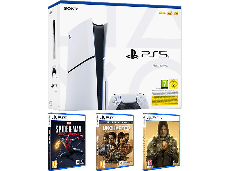 Sony PlayStation 5 Slim Standard 1 TB SSD 1 mando + 3 Juegos (Spider-Man: Miles Morales + Uncharted: Legado ladrones + Death Stranding)