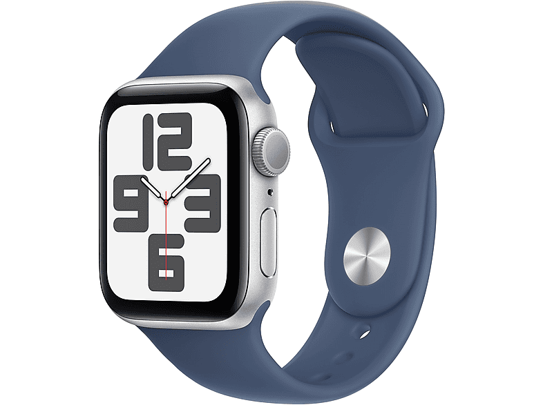 Apple Watch SE (2024) GPS 40 mm Caja de aluminio Plata Vidrio delantero Ion-X Correa deportiva Azul denim Talla M/L