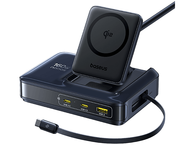 Baseus Nomos NH21 4-en-1 Universal Tipo‑C USB y Qi2 Carga inalámbrica y simultánea Con cable retráctil Negro Cosmic