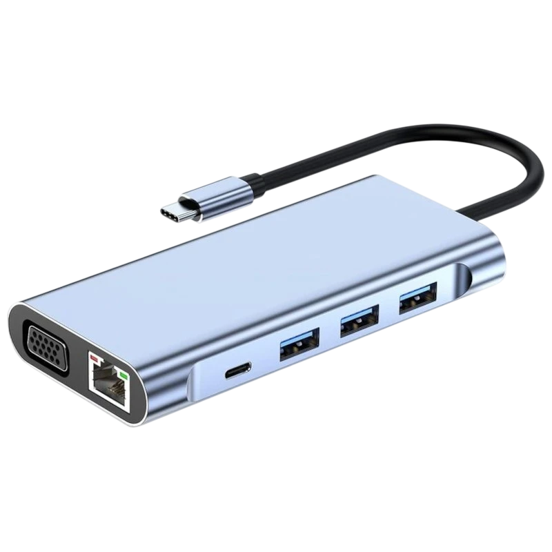 Hub BYL-2310 11-en-1 USB Tipo-C a HDMI/USB 3.0/RJ45/USB Tipo C/PD/3.5mm Negro