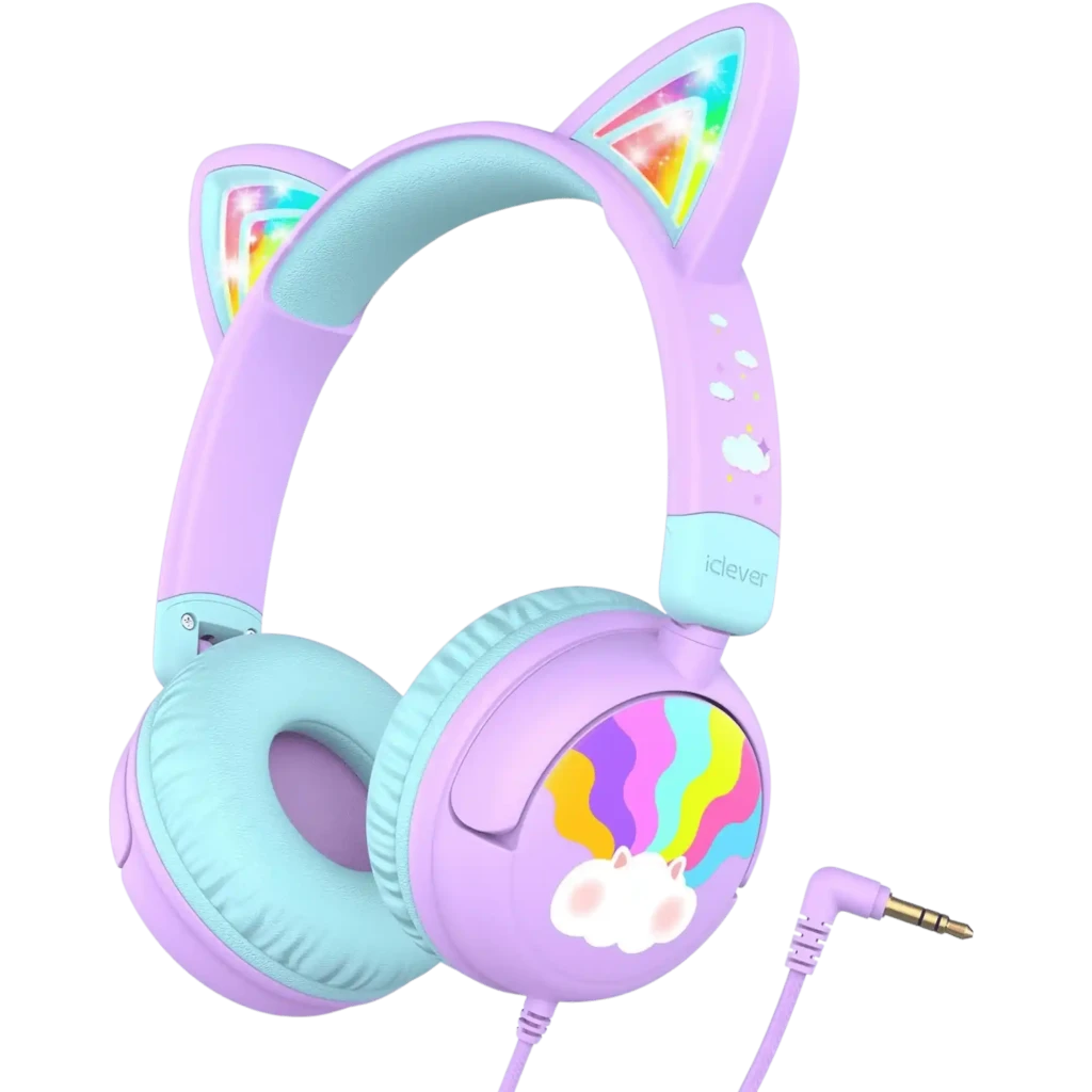 iClever HS25 Púrpura Auriculares Infantiles con Orejas de Gato y Limitador 85dB