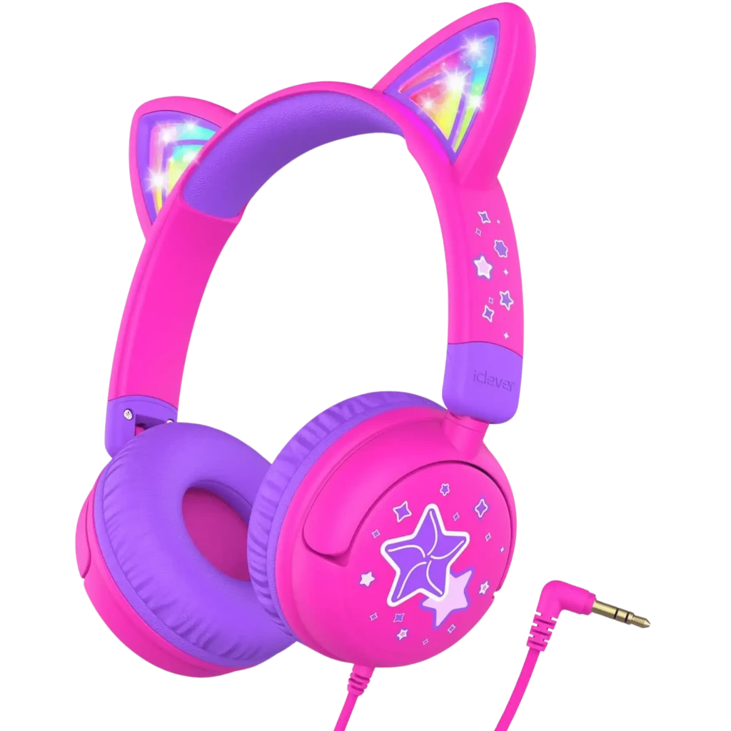 iClever HS25 Rosa Auriculares Infantiles con Orejas de Gato y Limitador 85dB