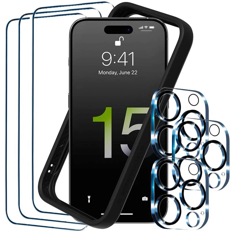 Pack de Accesorios iPhone 15 Pro Max con 3 Protectores de pantalla + 3 Protectores de cámara + Funda Bumper