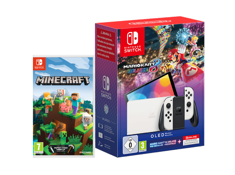 Nintendo Switch OLED 7 Joy-Con 64 GB Blanco + Juego Mario Kart 8 Deluxe (preinstalado) + 12 meses NSO + Minecraft