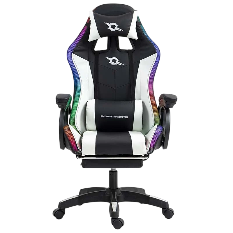 Silla Gaming PowerGaming LED RGB con Altavoz Bluetooth Masaje y Reposapiés Negro+Blanco