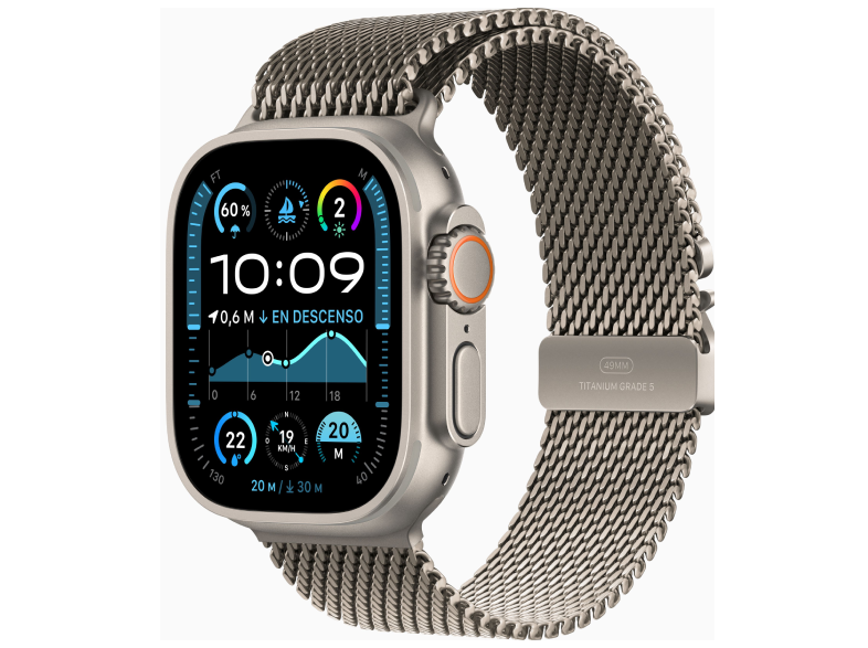 Apple Watch Ultra 2 (2024) GPS + Cellular 49 mm Caja de Titanio Natural Gesto doble toque Correa Natural Titanium Milanese Loop Talla M